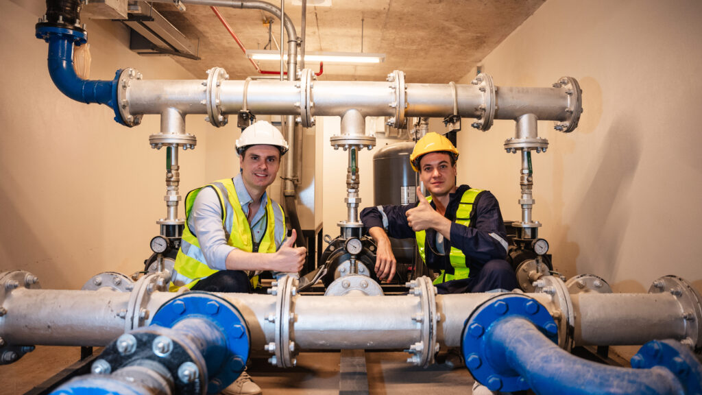 Deux plombiers portant des casques et des gilets de sécurité posent devant une grande installation de tuyauterie, donnant un signe de pouce en l'air, symbolisant leur satisfaction du travail bien fait.