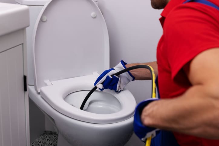 Débouchage professionnel de WC avec furet par un plombier équipé de gants de protection