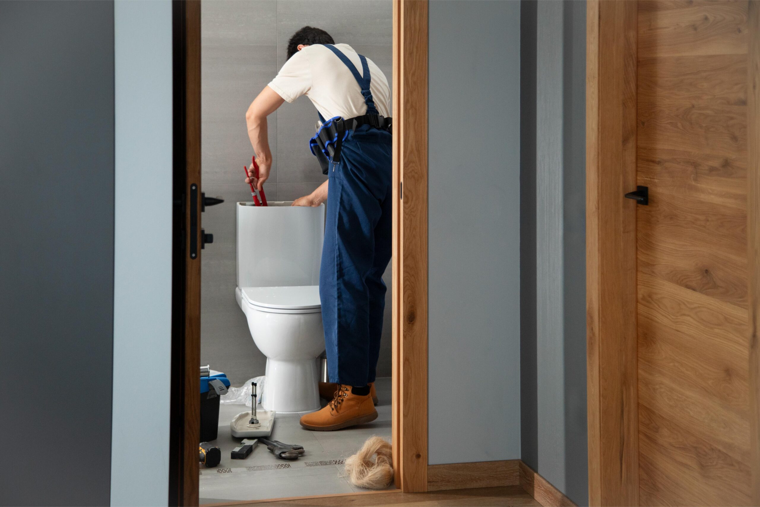 Un plombier réparant une toilette