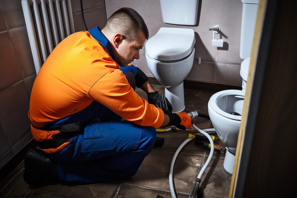 Personne en train de déboucher un WC manuellement