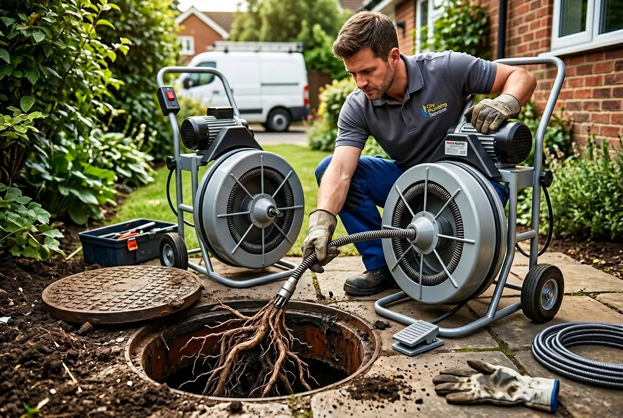 Agent débloquant une canalisation avec machine hydrocurage, montrant des racines dans les canalisations et un regard d’accès ouvert dans le sol. racines dans les canalisations visible.