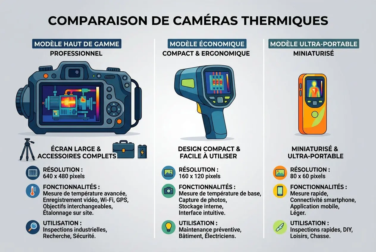 Comparatif de caméras thermiques: trois modèles (haut de gamme pro, économique compact et miniaturisé portable) avec descriptions et usages pour détecter fuite d'eau. caméras thermique pour fuite d'eau.
