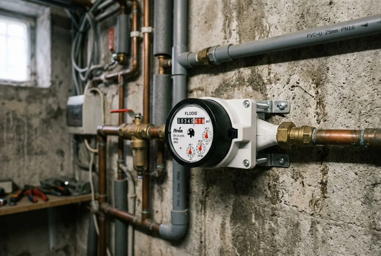 Détection fuite canalisation : compteur d'eau et tuyauterie visibles dans une cave, tuyaux en métal et raccords fixés au mur.