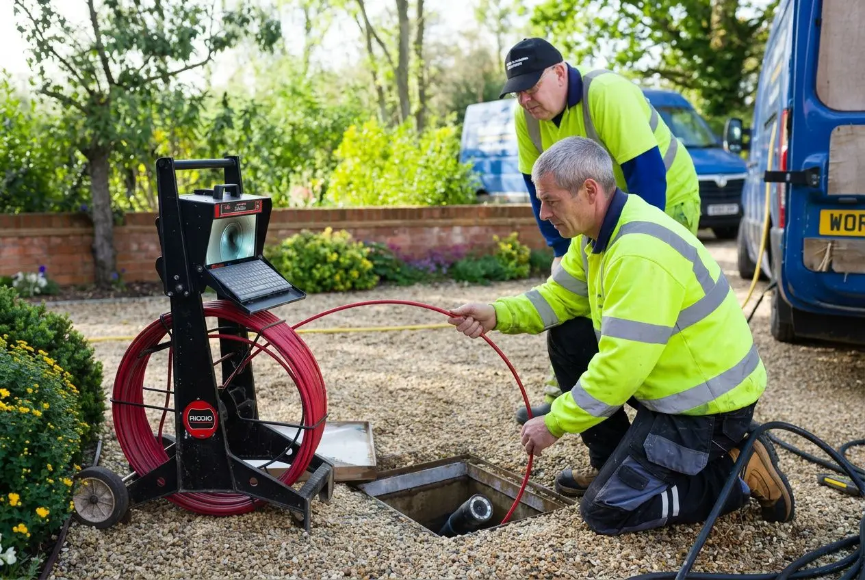 Deux techniciens en gilet réfléchissant travaillent à une fouille de fosse d’inspection pour une détection fuite canalisation, avec appareil de diagnostic et câble rouge.