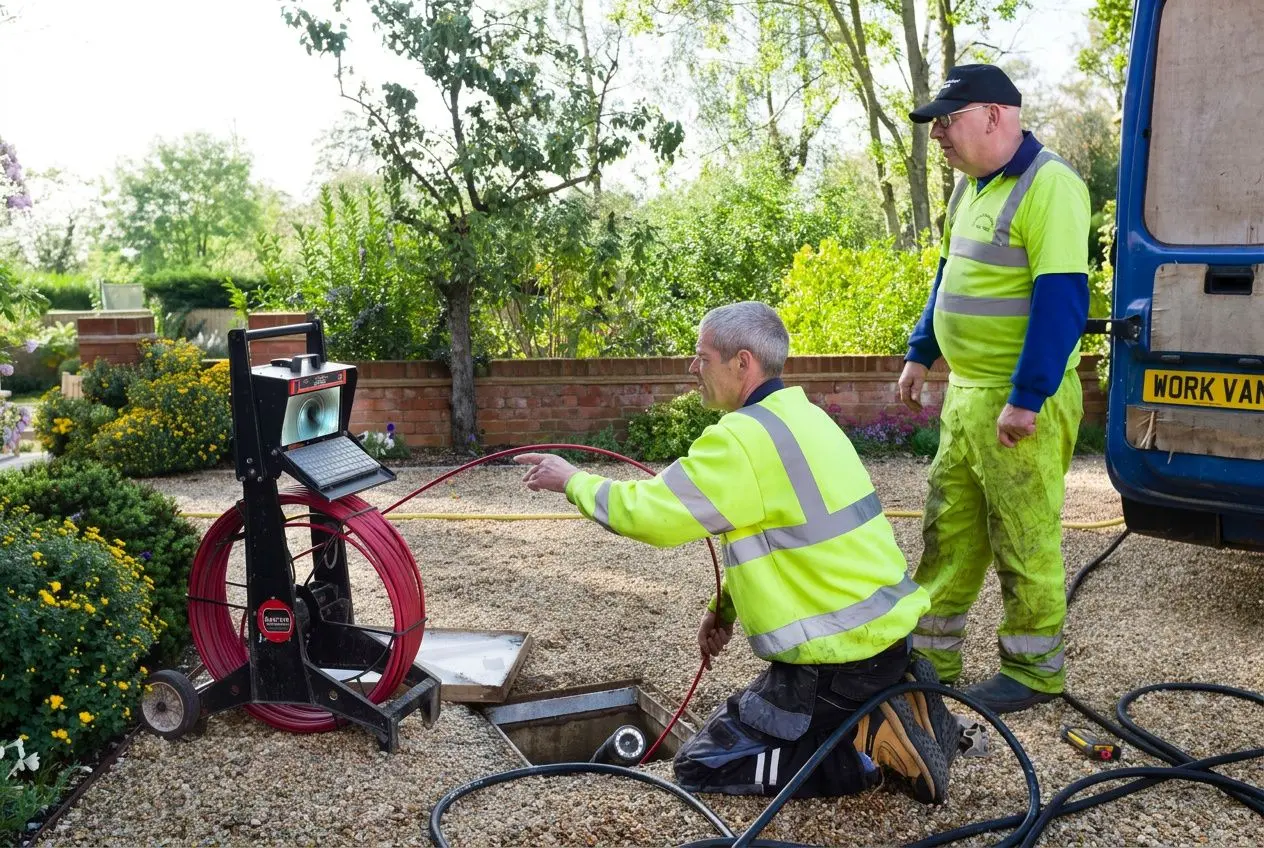Inspection vidéo de canalisation: deux techniciens en gilet jaune près d’un coffre de regard, avec matériel et bobine de câble rouge sur le chantier.