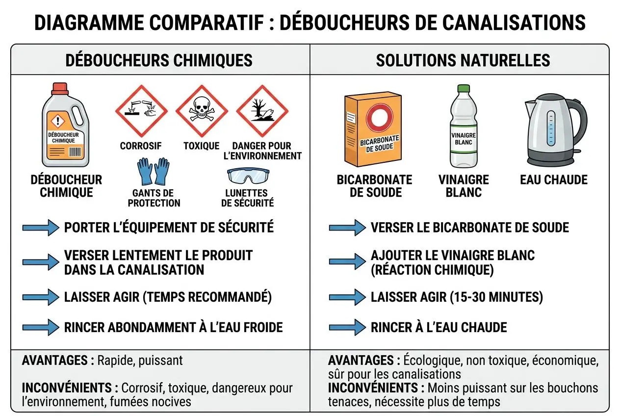Diagramme comparatif: déboucheurs de canalisations montrant déboucheur chimique et solutions naturelles (bicarbonate de soude, vinaigre blanc, eau chaude) et leurs étapes d’utilisation. Inclut notices sécurité et avantages/inconvénients.