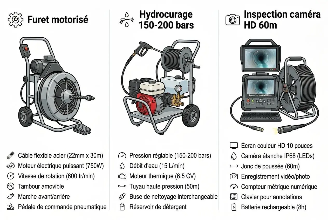 Furet motorisé, déboucheur WC et matériel de débouchage avec ventouse et caméra d’inspection.