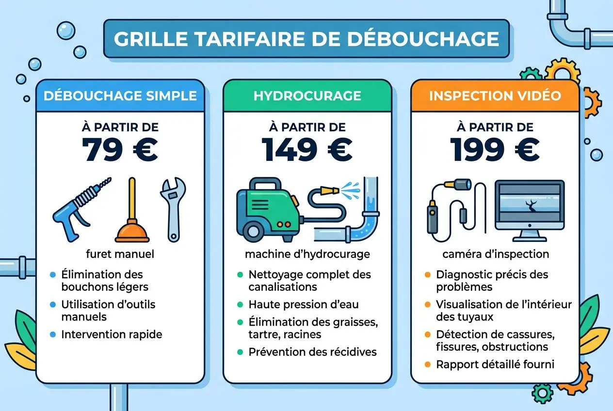 Grille tarifaire de débouchage: trois sections : débouchage simple à partir de 79 €, hydrocurage à partir de 149 €, Inspection vidéo à partir de 199 €, avec icônes et détails; présente un déboucheur urgent en soutien.