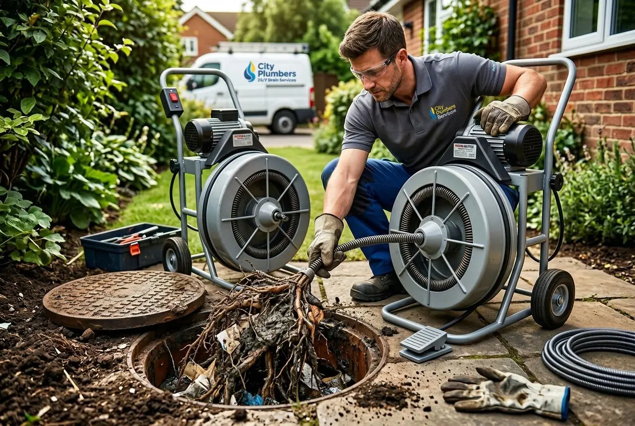 Homme plombier utilise un aspirateur à haute pression près d’un bouchon de canalisation extérieur, débouchage d’urgence dans le jardin.