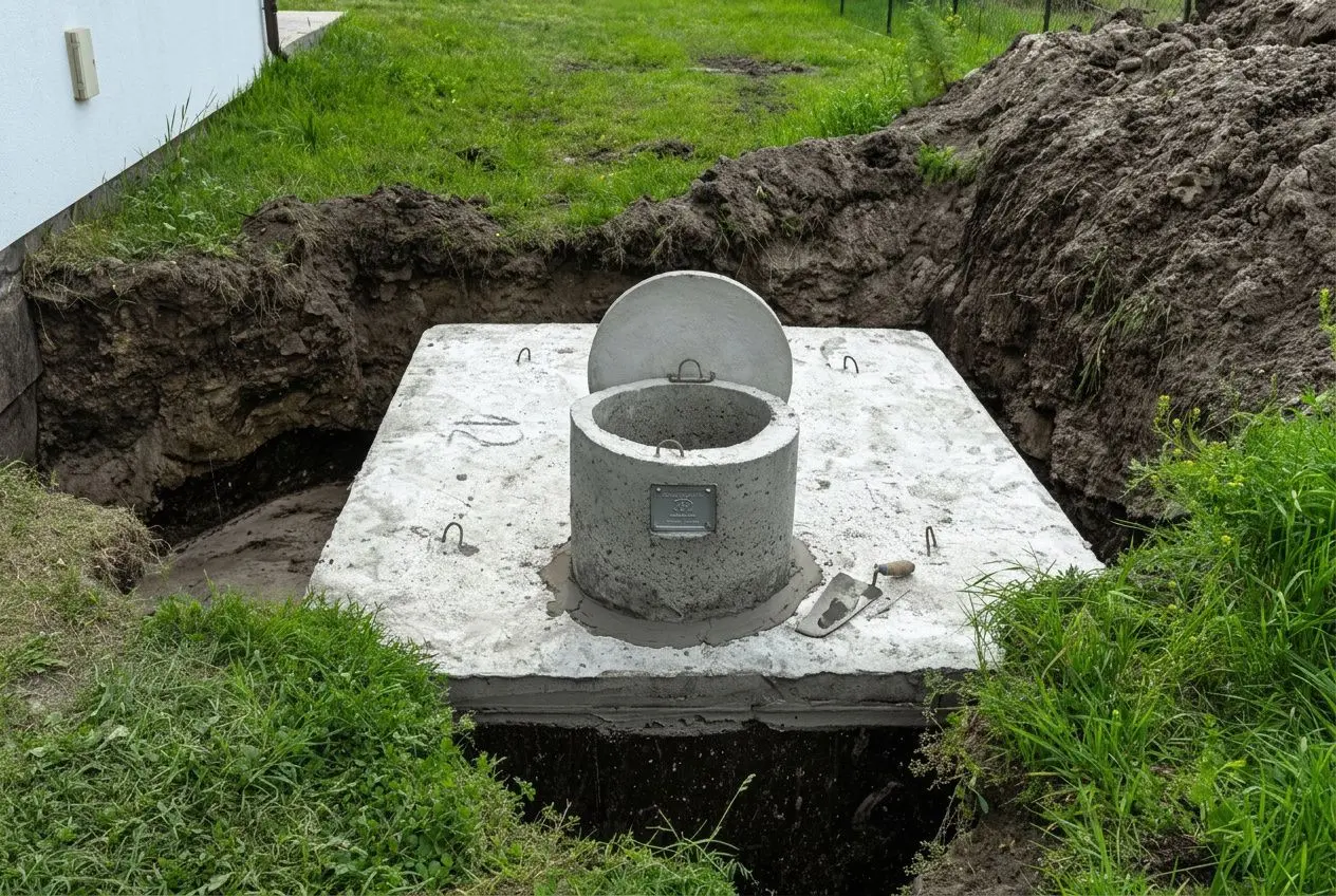 Installation d’une fosse septique visible avec un logement et une dalle en béton entourée de terre et d’herbe, prêt pour l’assainissement fosse septique.