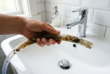 Main sujet: canalisation bouchée avec un furet, description de l’image. Alt text: Main tenant un tuyau de vidange sale au-dessus d’un lavabo blanc, prêt à déboucher une canalisation très bouchée.
