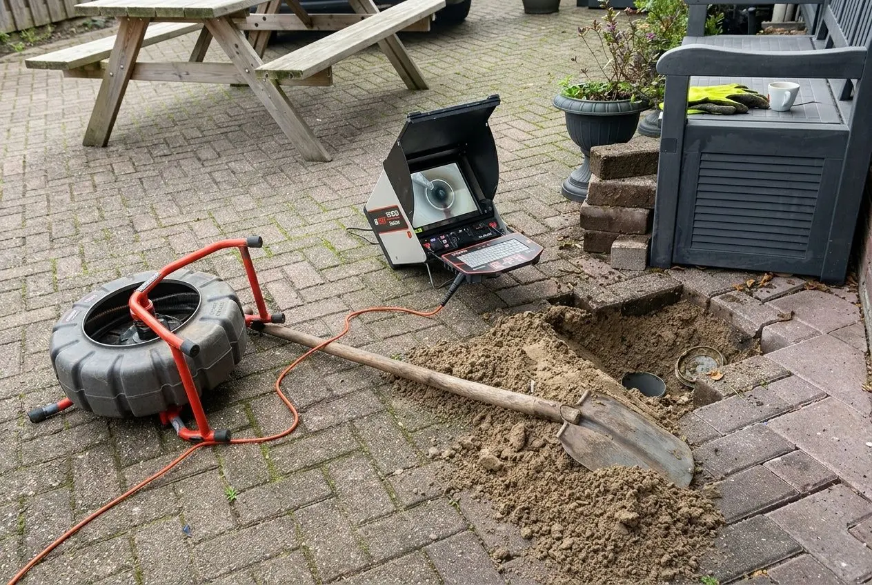 Ouverture d’un trou et outils pour un travail d’assainissement fosse septique : pelle, tuyau et matériel de diagnostic sur une terrasse pavée.