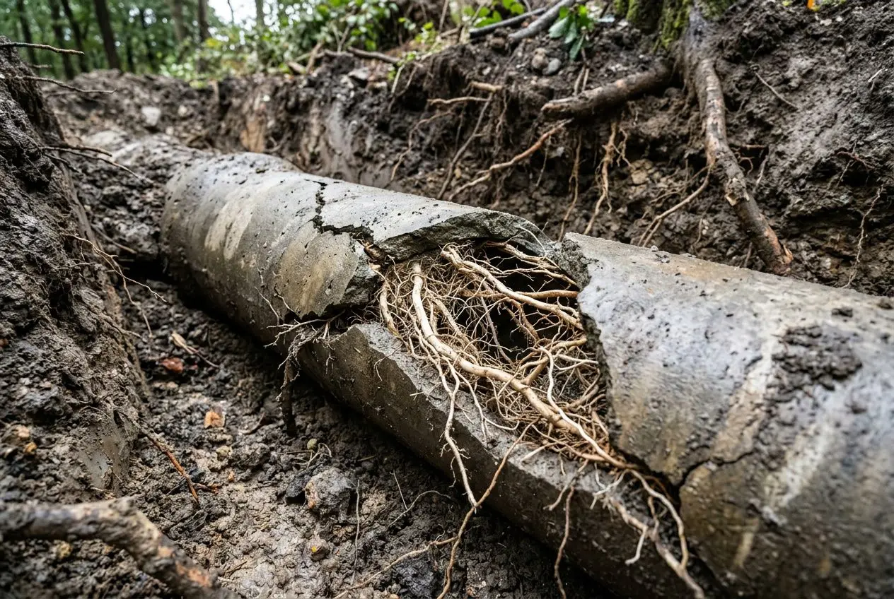 Racines envahissant une canalisation cassée enfouie dans la terre, visibles à l’intérieur d’un tronçon métallique endommagé.