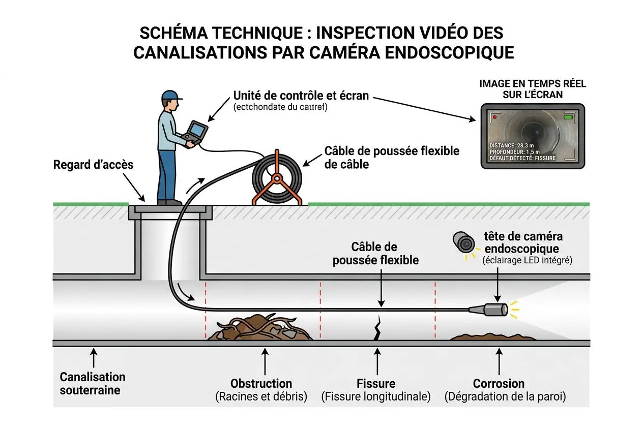 Schéma technique: inspection vidéo des canalisations par caméra endoscopique montrant unité de contrôle, câble de poussée, tête de caméra, accès et canalisation souterraine avec fissure, obstruction et corrosion. Inspection canalisation maison ancienne.