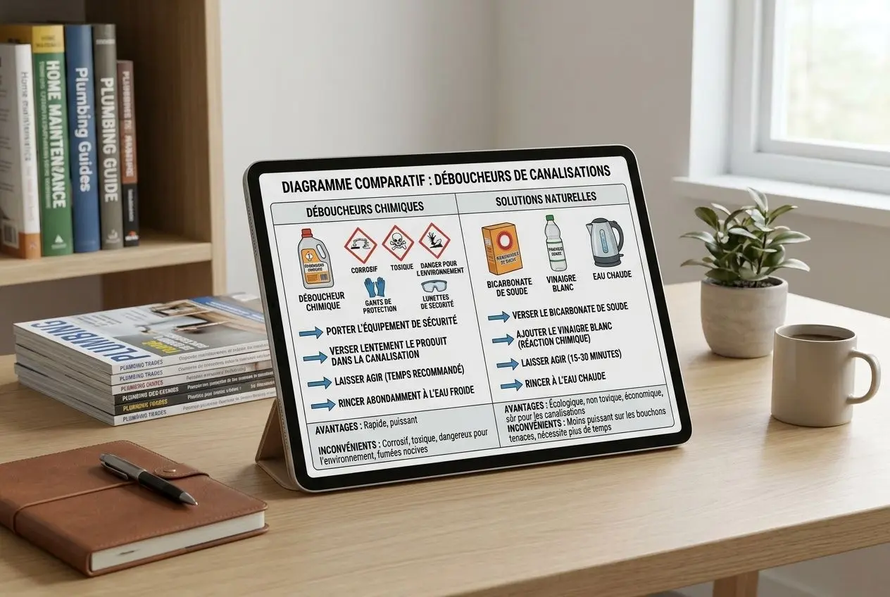 Tableau pédagogique affiché sur une tablette posée sur un bureau, lié à l’inspection des canalisations et à l’entretien de la plomberie.