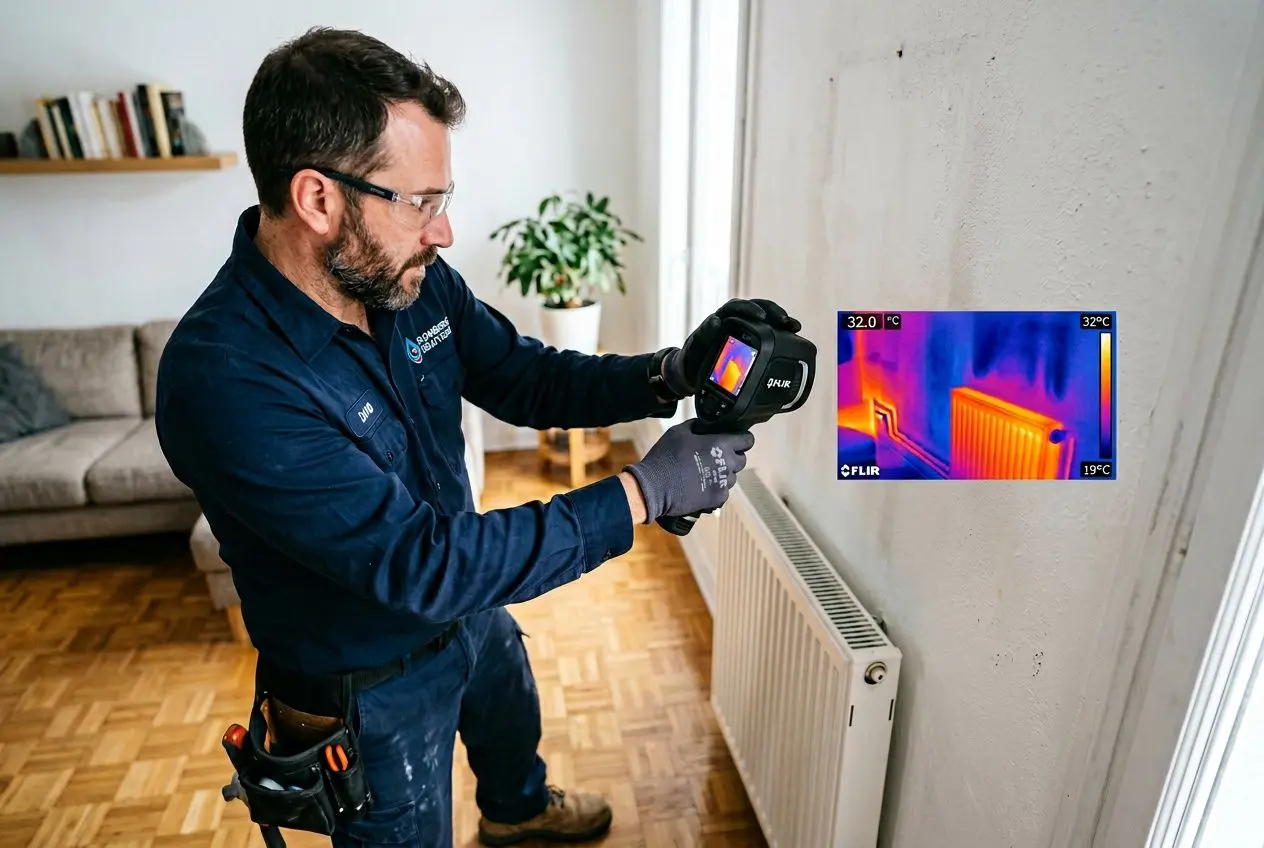 Technicien utilisant une caméra thermique pour fuite d'eau contre un mur près d’un radiateur, affichage thermique visible.
