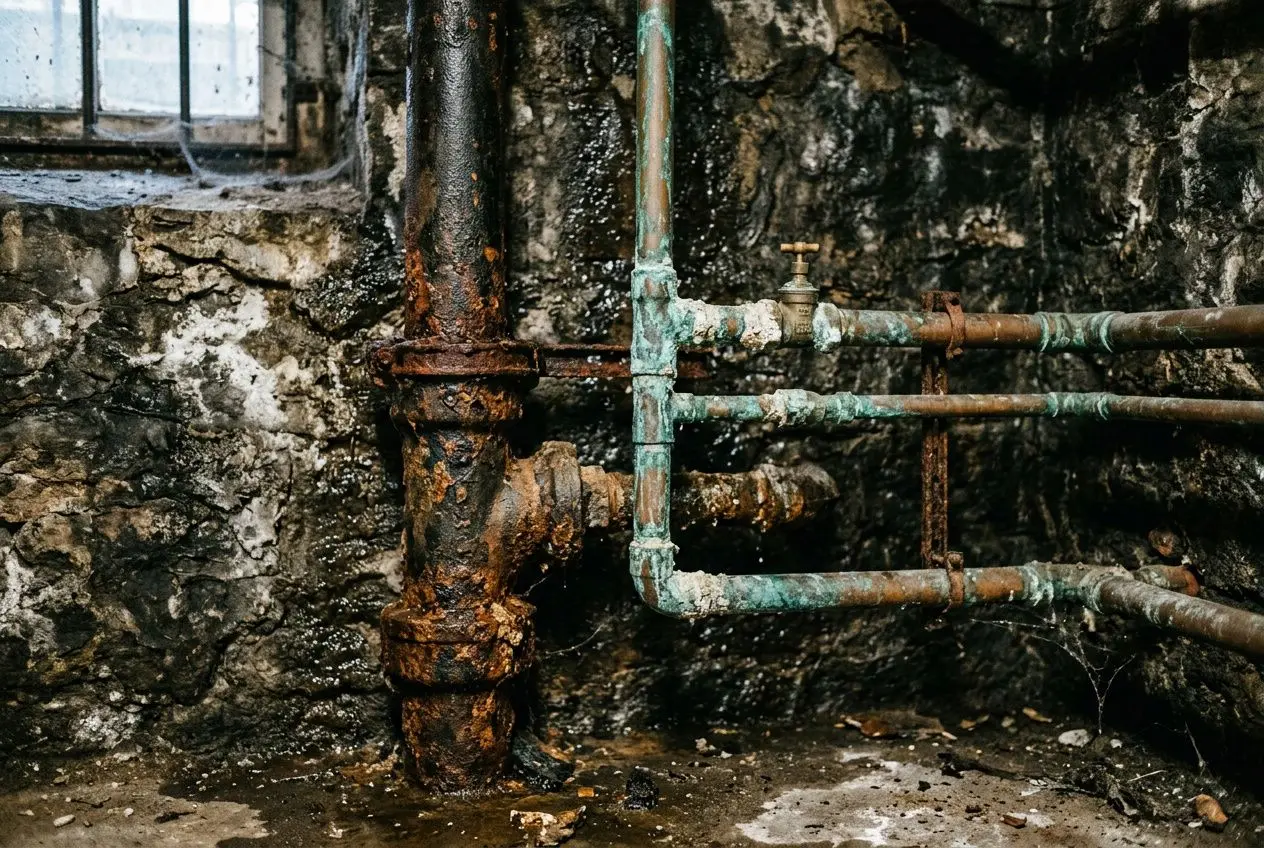 Tuyau et robinets rouillés et bouchés dans une cave humide, murs en pierre. Alt: Inspection canalisation maison ancienne montrant des éléments de plomberie oxydés et fissurés pour diagnostic plomberie.