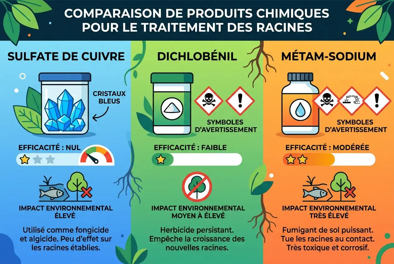 Comparaison de produits chimiques pour le traitement des racines: lacune d’éfficacité et danger, avec sulfate de cuivre cristaux bleus et iconographie d’avertissements. Produit pour détruire racine dans canalisation.