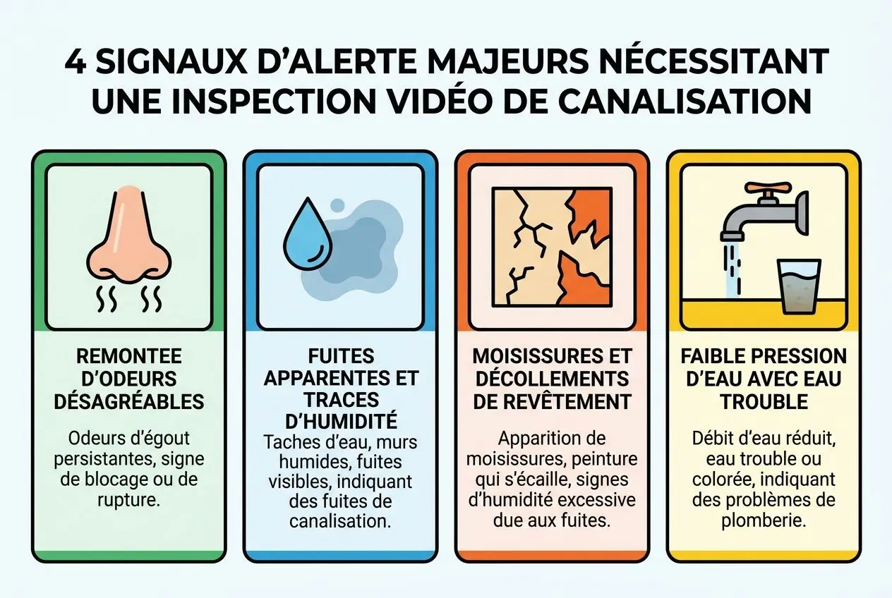 Quatre signaux d’alerte majeurs nécessitant une inspection vidéo de canalisation avec pictogrammes: obstruction olfactive, fuites humides, moisissures et fissures, faible pression d’eau. Inclut le sujet: comment inspecter une canalisation.