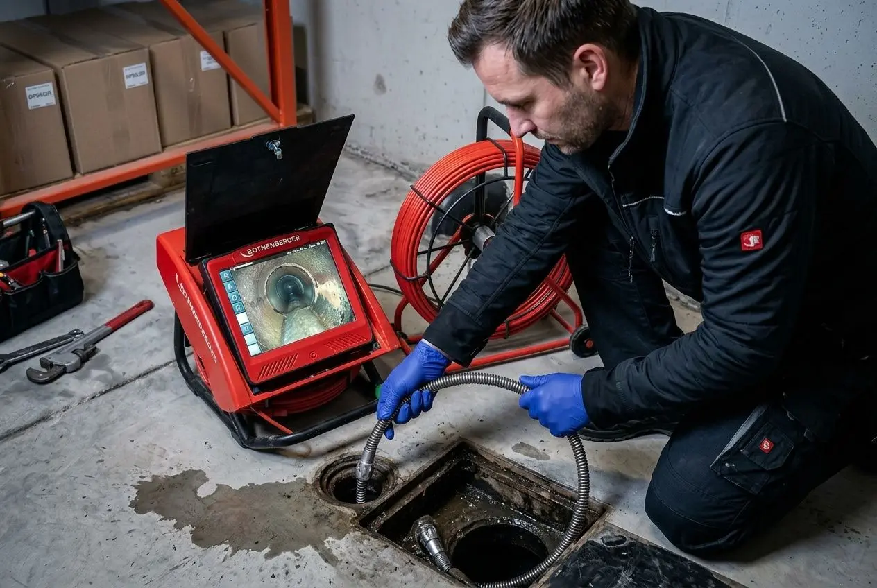 Technicien en noir inspectant une canalisation avec caméra d’inspection vidéo dans un regard, manomètre et câbles près. Incorporation: comment inspecter une canalisation.