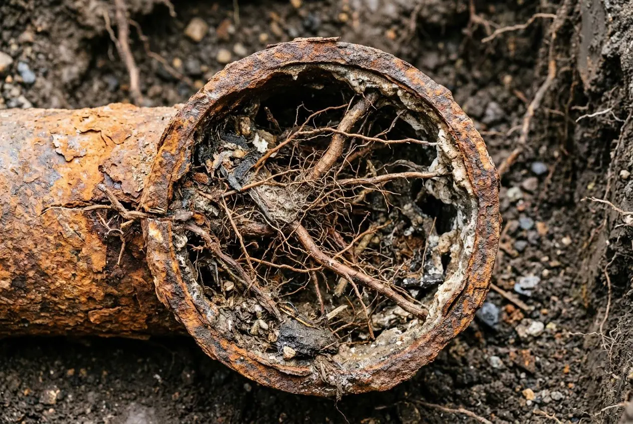 Tube de canalisation rouillé bouché par des racines, cloggage important visible dans l’ouverture. produit pour détruire racine dans canalisation.